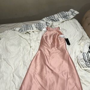 NWT Alfred Sung High Neck Satin Bridesmaid Dress Gown Toasted Sugar Pink D772